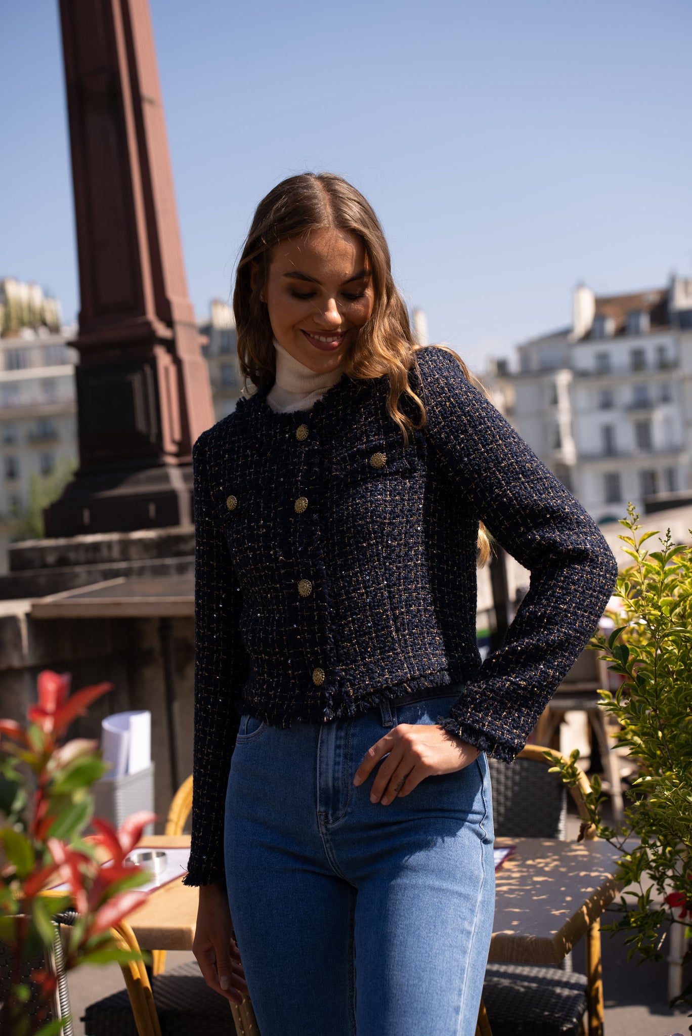 Cropped Tweed Blazer-Navy