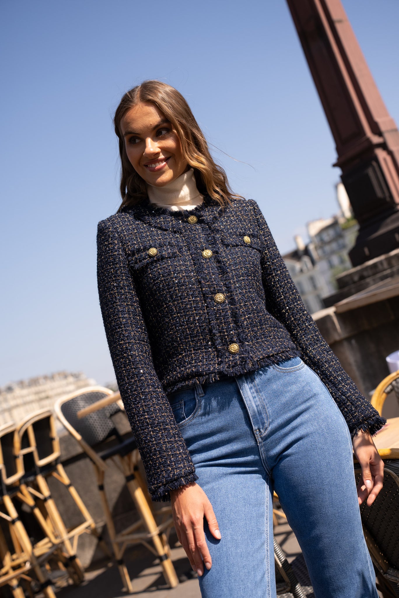 Cropped Tweed Blazer-Navy