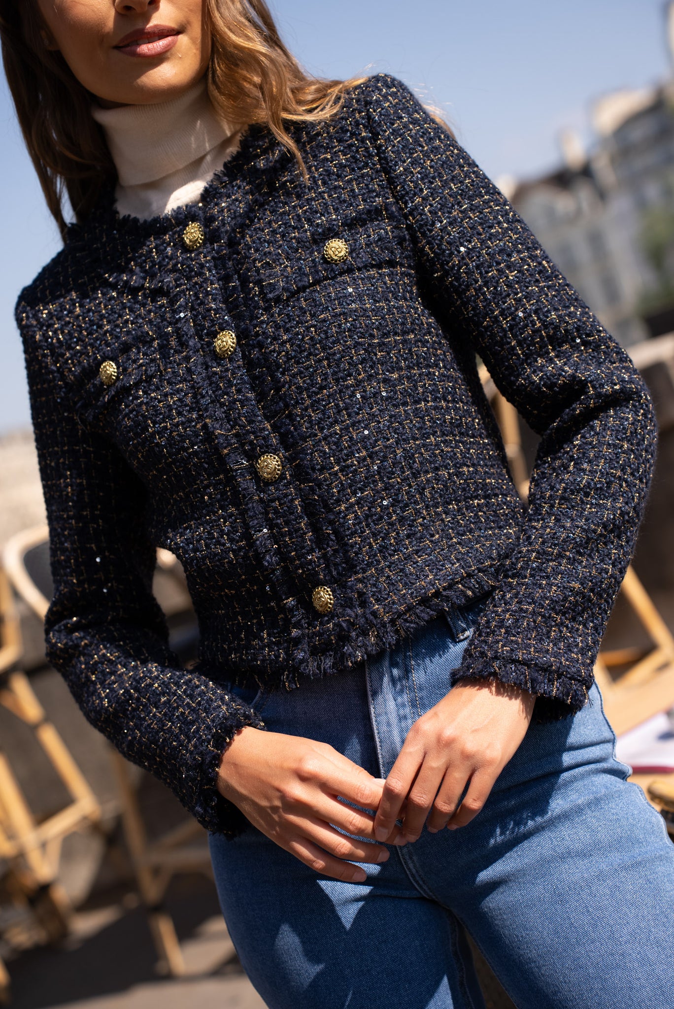 Cropped Tweed Blazer-Navy